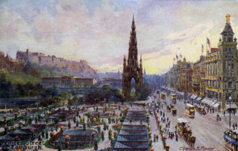 Princes Street, Edinburgh, Skotlanti (väri litho) tekijältä Charles Edwin Flower