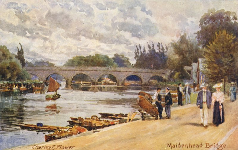 Thames-joki: Maidenheadin silta (värilitografia). tekijältä Charles Edwin Flower