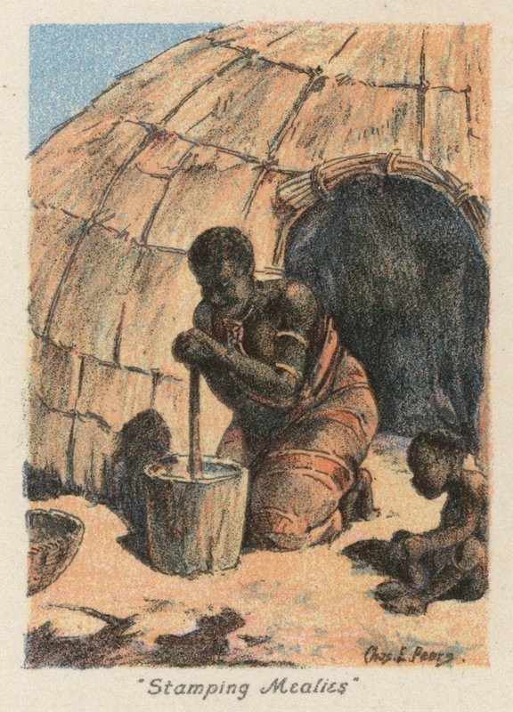 Etelä-Afrikka: "Stamping Mealies" (värilitografia). tekijältä Charles Ernest Peers