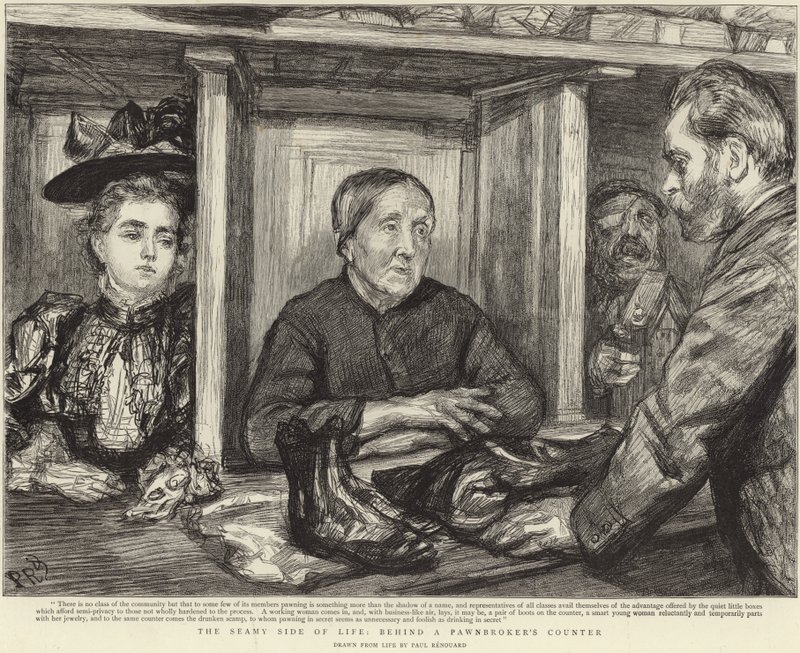 Panttilainaajan tiskin takana (litho) tekijältä Charles Paul (after) Renouard