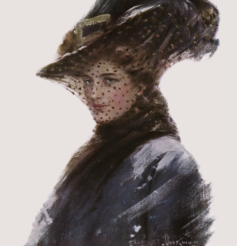 Muotokuva naisesta, jolla on hattu ja hunnu tekijältä Clarence F. Underwood