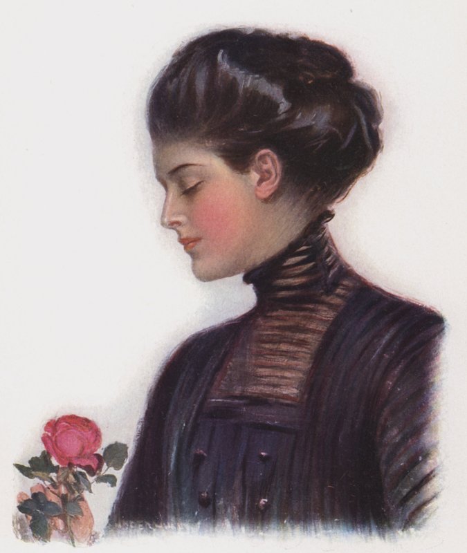 Tyttö ruusulla (väri litho) tekijältä Clarence F. Underwood