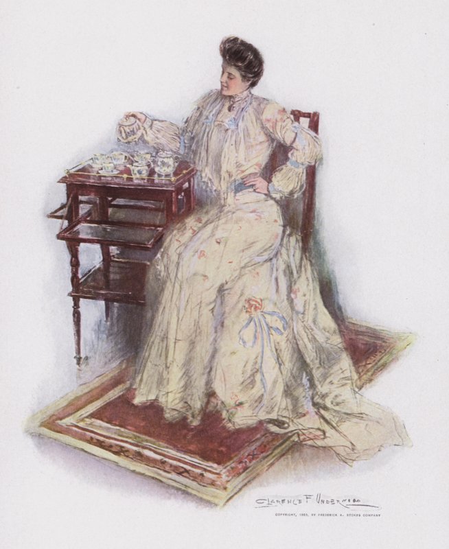 Teekuppien yli (väri litho) tekijältä Clarence F. Underwood