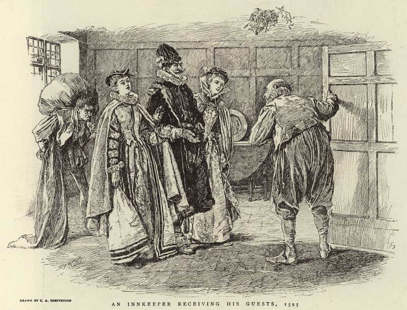 Majatalon isäntä vastaanottaa vieraitaan, 1595 tekijältä Claude Shepperson