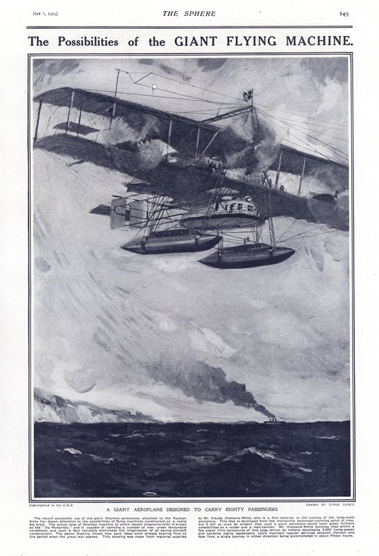 Jättiläinen lentokone, joka on suunniteltu kuljettamaan kahdeksankymmentä matkustajaa, 1914 tekijältä Cyrus Cuneo