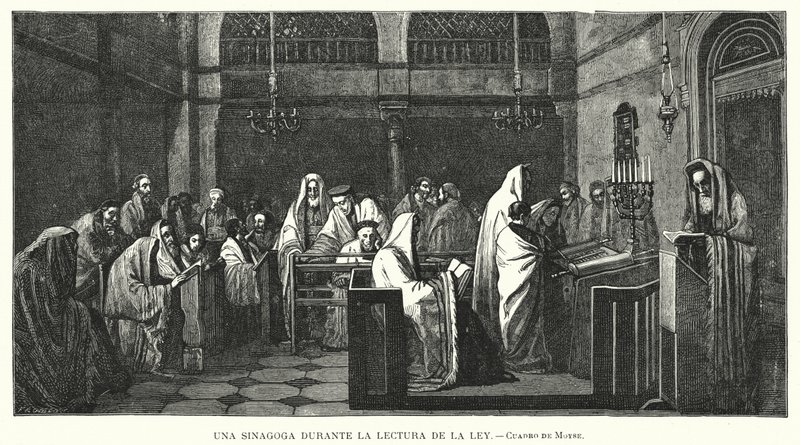 Synagoga Tooran lukemisen aikana (litho) tekijältä Edouard Moyse