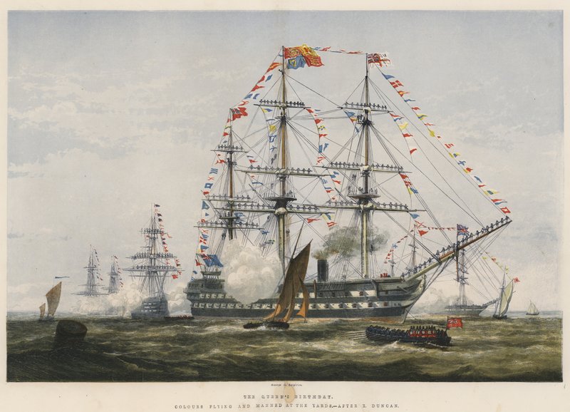 Kuningattaren syntymäpäivä, värit lentävät ja miehitetty pihoilla (chromolitho) tekijältä Edward Duncan