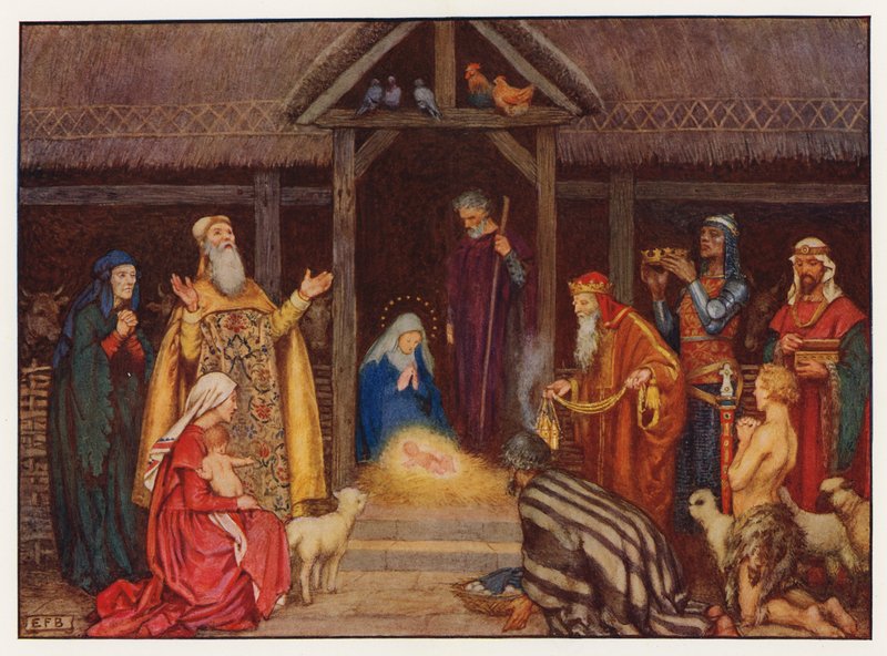 aCarols: The Nativity (väri litho) tekijältä Eleanor Fortescue Brickdale