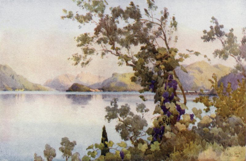 Ilta, Comojärvi (väri litho) tekijältä Ella Du Cane