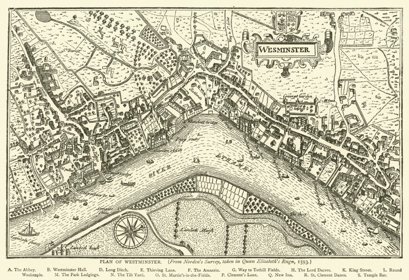Westminsterin suunnitelma Nordensin tutkimuksesta, otettu Queen Elizabeths Reignissa, 1593 tekijältä English School