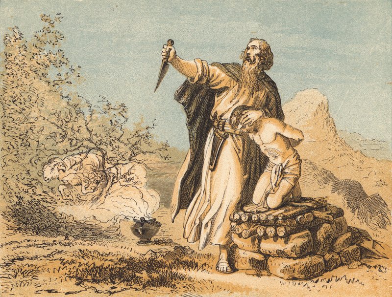 Abraham uhraa Iisakin (värillinen kaiverrus) tekijältä English School
