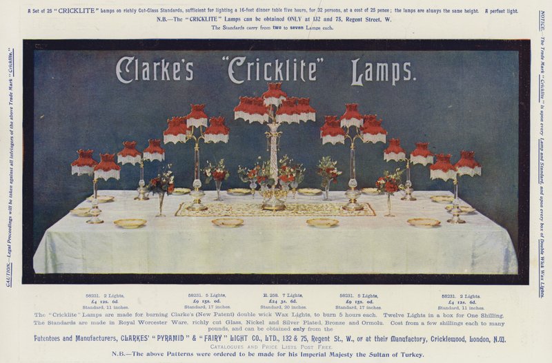 Mainos, Clarken "Cricklite"-lamput (chromolitho) tekijältä English School