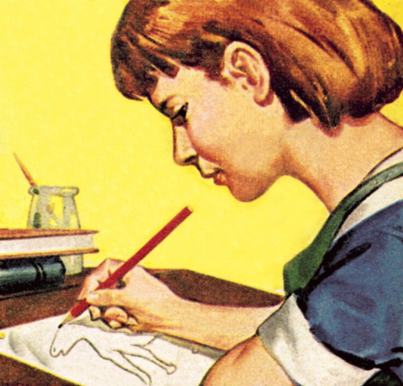 Tyttö piirtää lyijykynällä tekijältä English School
