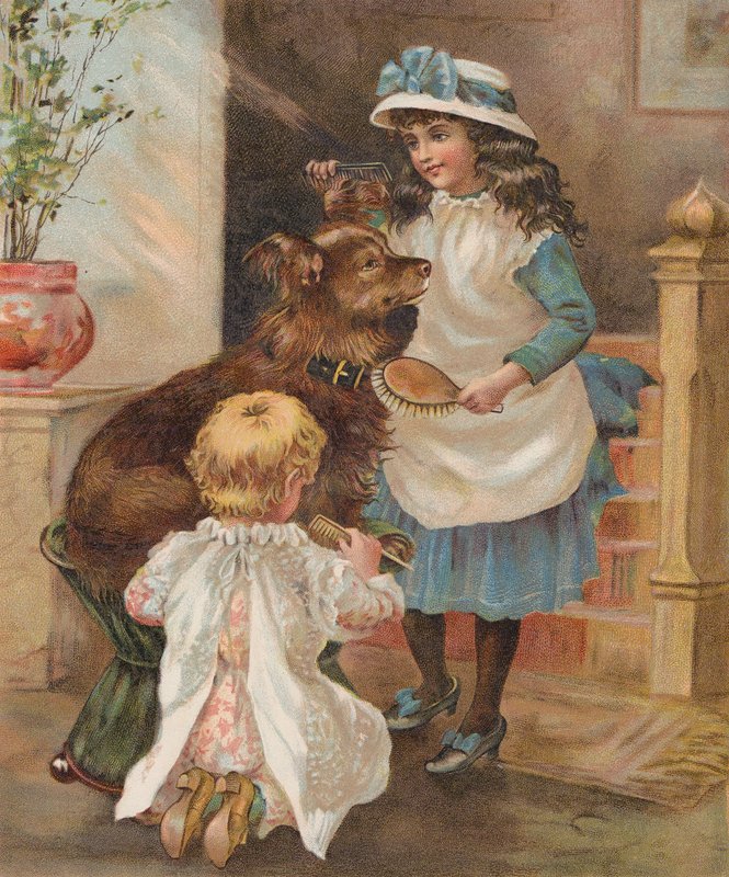Tytöt hoitavat koiraansa (chromolitho) tekijältä English School