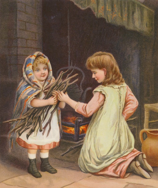 Tytöt laittavat puita tuleen (chromolitho) tekijältä English School
