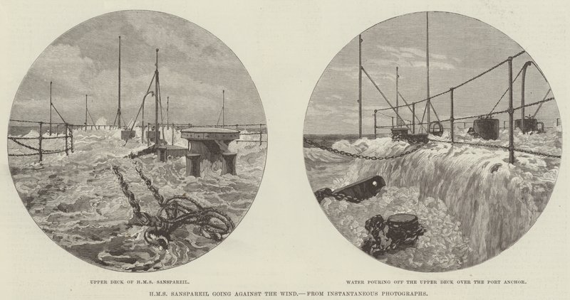 HMS Sanspareil menee tuulta vastaan (kaiverrus) tekijältä English School
