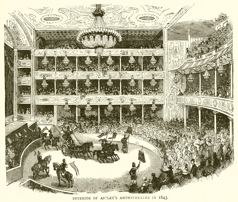 Astleys Amphitheaterin sisätilat vuonna 1843 tekijältä English School