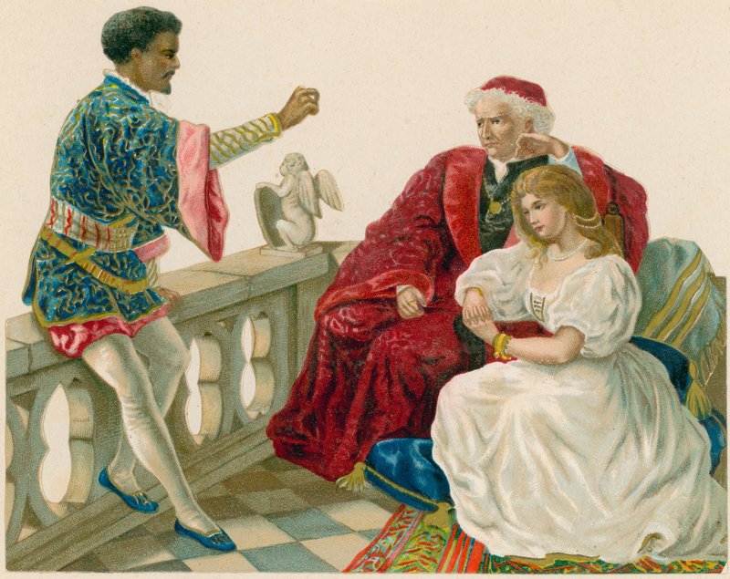 Othello puhuu Desdemonan ja hänen isänsä kanssa tekijältä English School