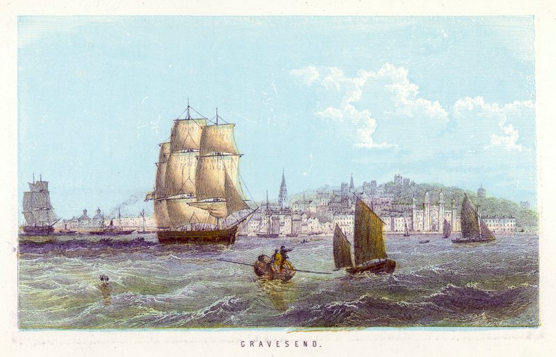 Thames-joki: Gravesend (värillinen kaiverrus) tekijältä English School