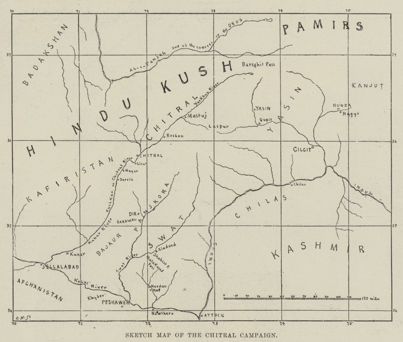 Piirrä Chitral-kampanjan kartta (kaiverrus) tekijältä English School