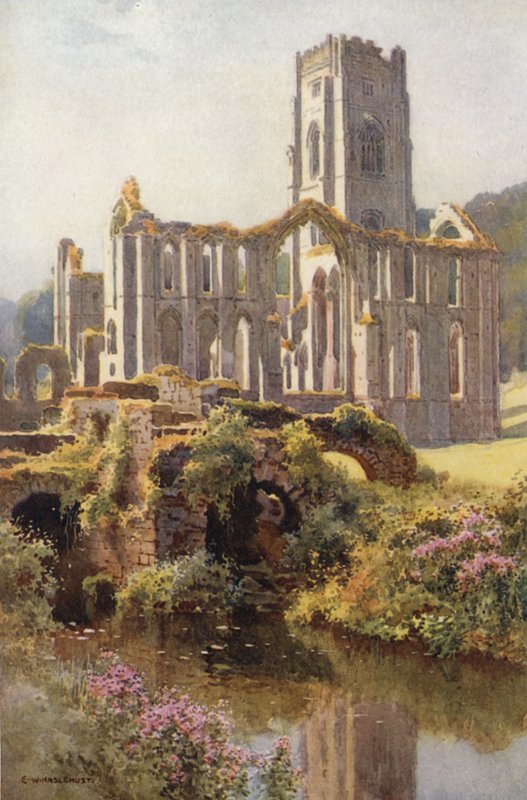 Fountains Abbey (väri litho) tekijältä Ernest William Haslehust