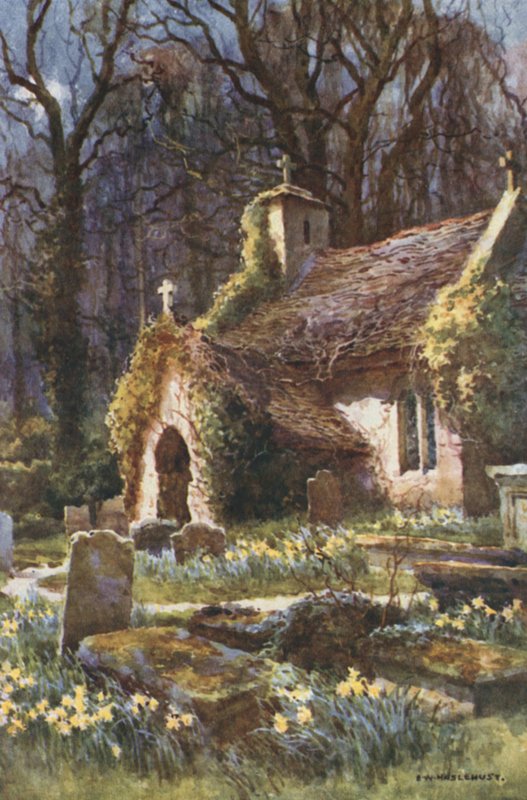 Vanha kirkko, Bonchurch (väri litho) tekijältä Ernest William Haslehust