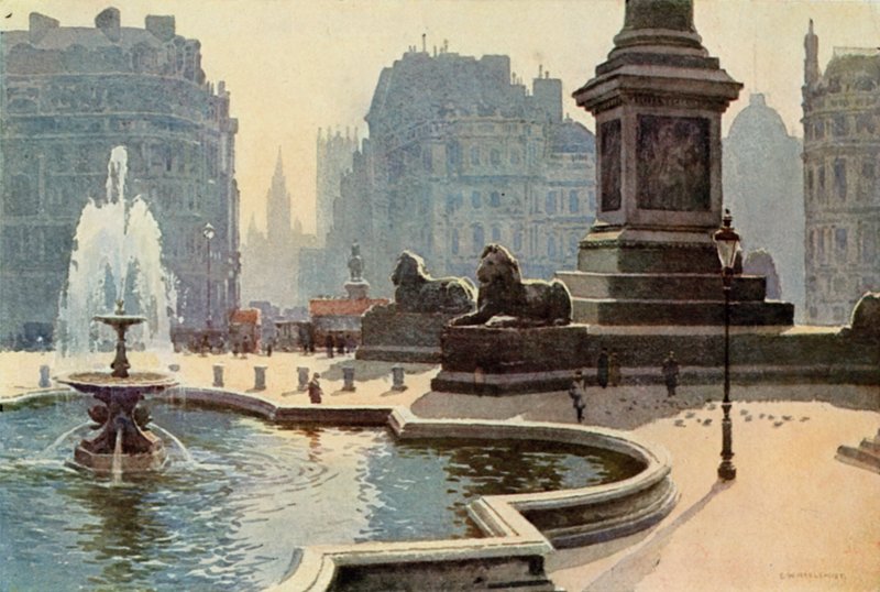 Trafalgar Square (väri litho) tekijältä Ernest William Haslehust