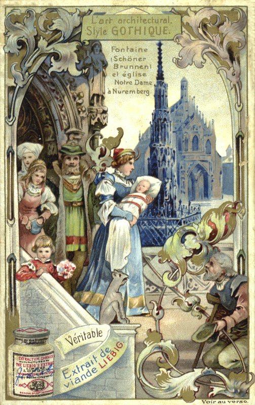 goottilainen arkkitehtuuri; Schoener Brunnen suihkulähde ja Frauenkirche, Nürnberg (chromolitho) tekijältä European School