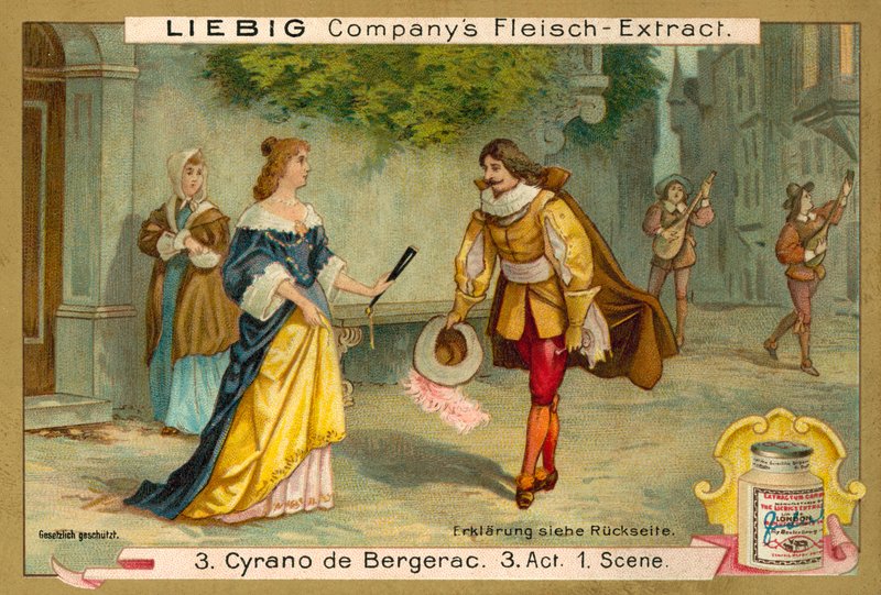 Kohtaus Cyrano de Bergeracista (chromolitho) tekijältä European School