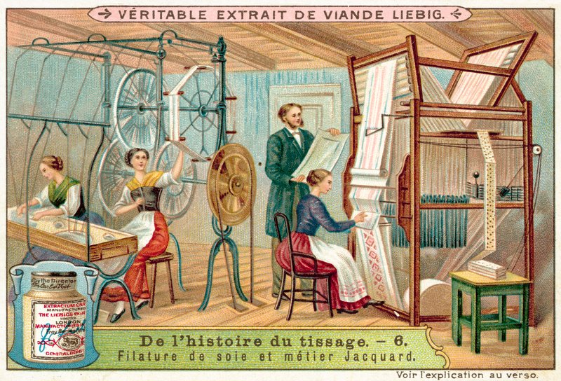 Kehruu silkki ja jacquard kangaspuut (chromolitho) tekijältä European School