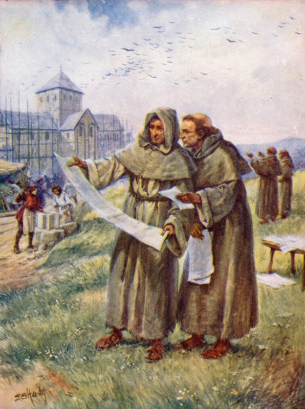 Luostarin rakentaminen (väri litho) tekijältä Evelyn Stuart Hardy