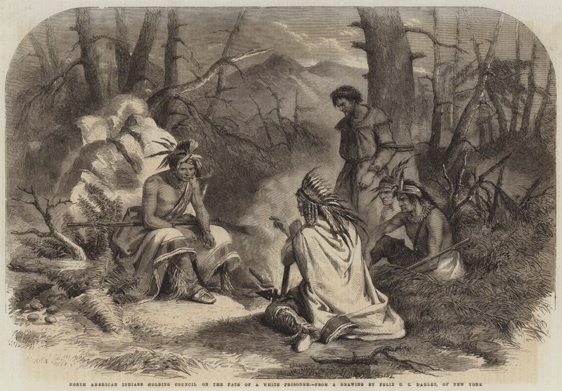 Pohjois-Amerikan intiaanit pitävät neuvostoa valkoisen vangin kohtalosta tekijältä Felix Octavius Carr Darley