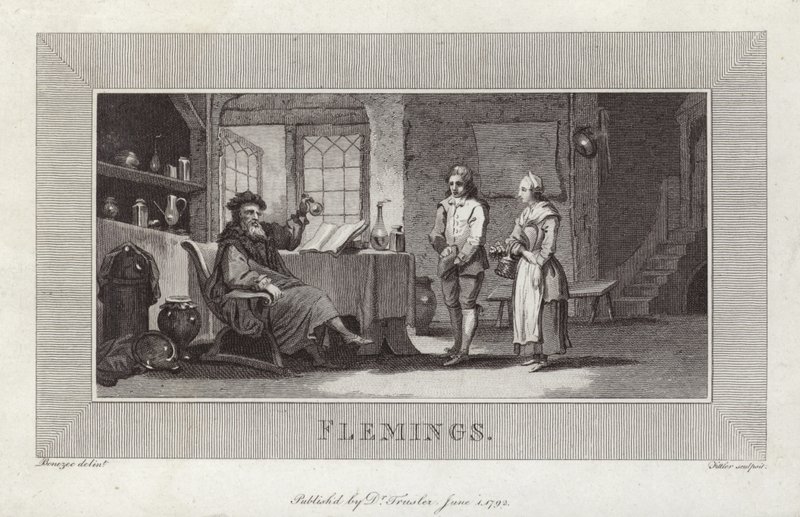flaamilaiset. Palvelijoiden ja isännän kaiverrus. tekijältä Flemish School