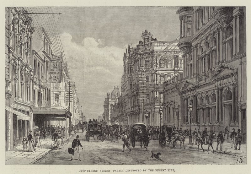 Pitt Street, Sydney, osittain tuhoutunut viimeaikaisessa tulipalossa tekijältä Frank Watkins