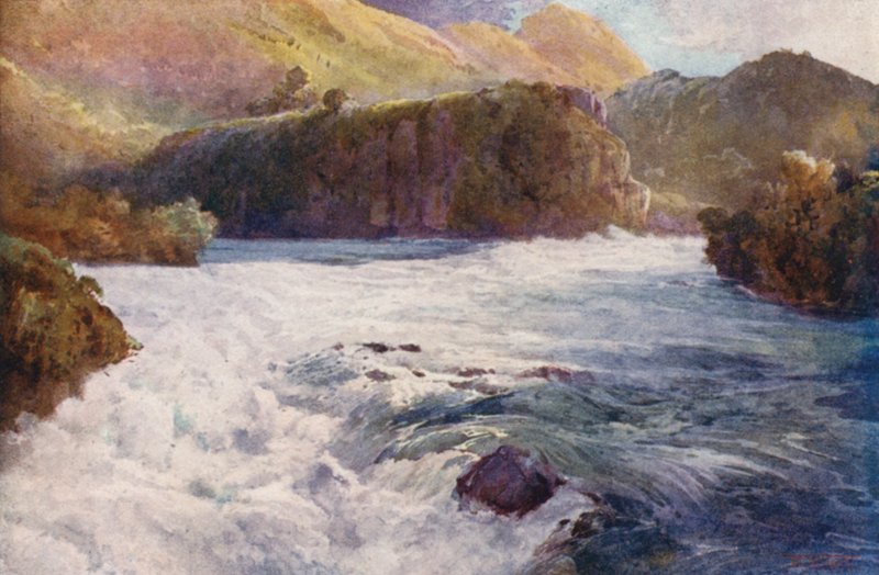 Uusi-Seelanti: Aratiatia Rapids (värilitografia). tekijältä Frank H Wright