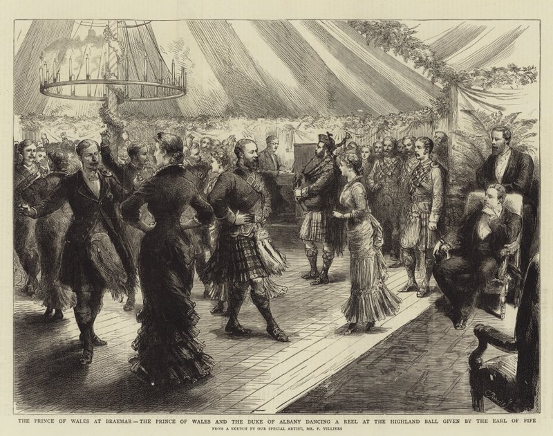 Walesin prinssi Braemarissa, Walesin prinssi ja Albanyn herttua tanssimassa kelaa Earl of Fifen järjestämässä Highland Ballissa tekijältä Frederic Villiers