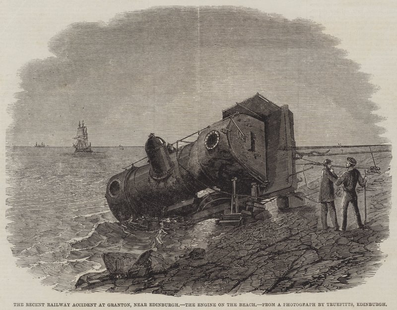 Äskettäinen rautatieonnettomuus Grantonissa, lähellä Edinburghia, Engine on the Beach tekijältä Frederick Morgan
