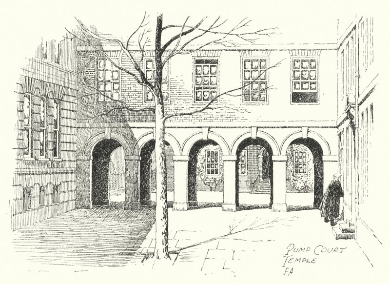 Pump Court, Temple (litografia) tekijältä Frederick Adcock