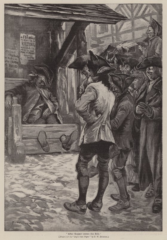 "Illallisen jälkeen tulee lasku" (kaiverrus) tekijältä Frederick William Burton