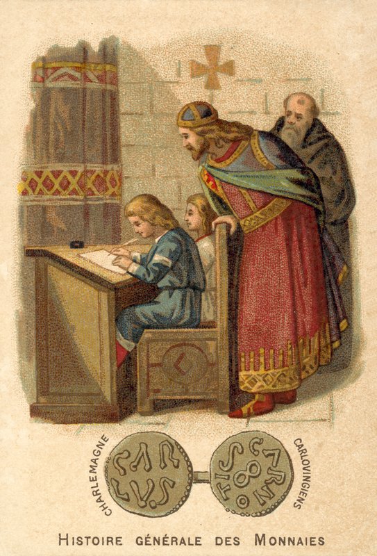 Kaarle Suuri katsomassa lapsia kirjoittamassa koulussa (chromolitho) tekijältä French School