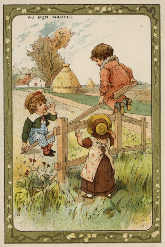Lapset leikkivät keinulla (chromolitho) tekijältä French School