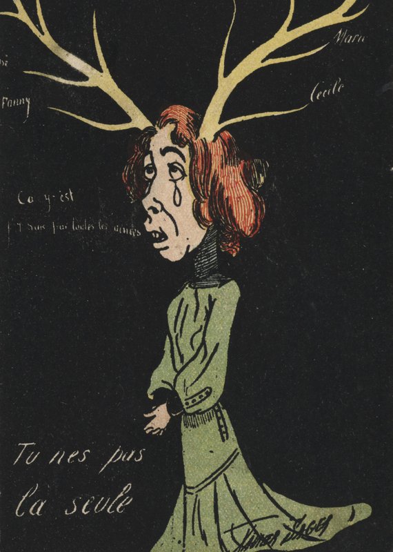 Itkevä nainen, jolla on sarvet (väri litho) tekijältä French School