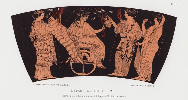 Triptolemuksen lähtö (väri litho) tekijältä French School