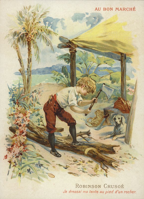 Robinson Crusoe pilkkoo polttopuita tekijältä French School