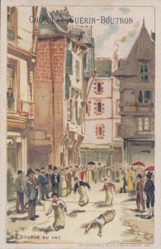 Säkkikilpailu kadulla (chromolitho) tekijältä French School