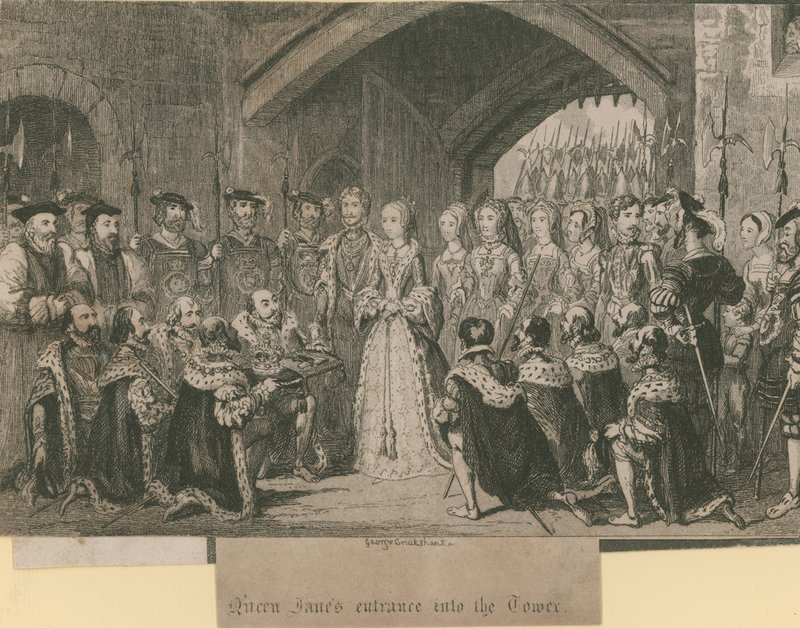 Kuningatar Janen sisäänkäynti torniin tekijältä George Cruikshank