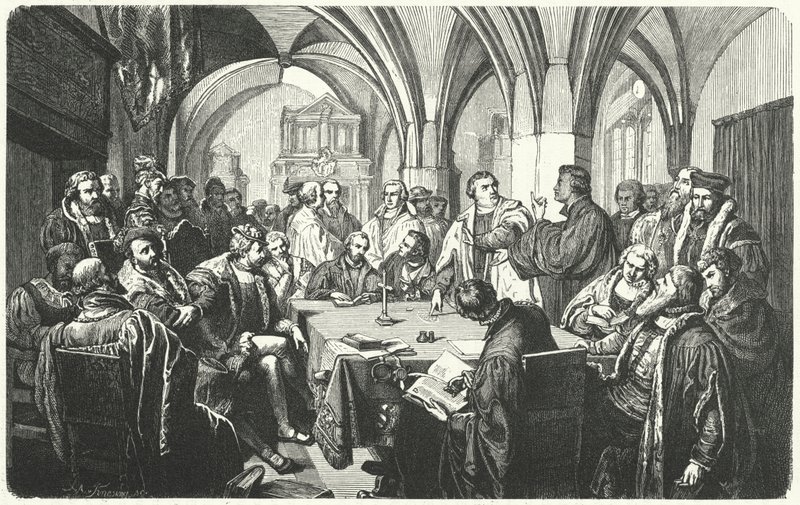 Uskonnollinen keskustelu Martin Lutherin ja Huldrych Zwinglin välillä Marburgin keskustelutilaisuudessa, 1529 tekijältä German School