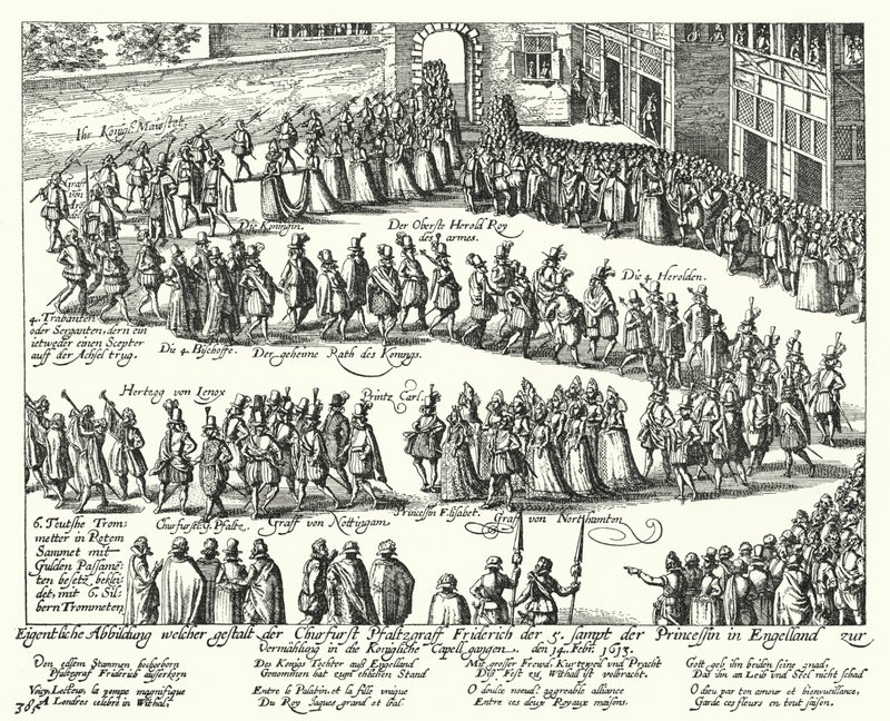 Ruhtinas Palatinuksen Frederick V:n ja Englannin kuninkaan James I tyttären Elizabeth Stuartin hääkulkue Lontoossa 1613 tekijältä German School