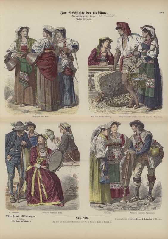Italialaiset puvut, 1800-luvun loppu (värillinen kaiverrus) tekijältä German School