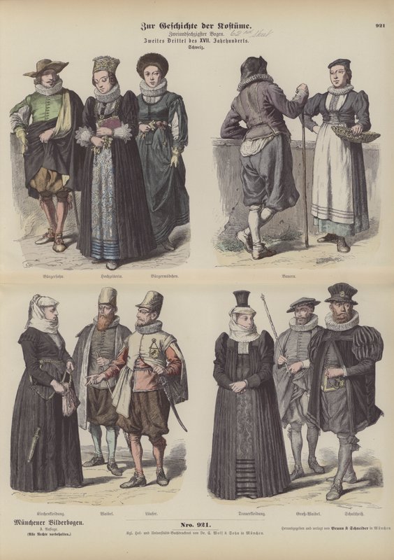 Sveitsiläiset puvut, 1600-luvun puoliväli (värillinen kaiverrus) tekijältä German School